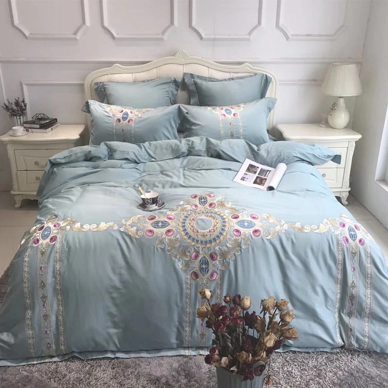 Blue luxury Embroidered 120S Egyeptian cotton Royal Bedding sets Queen King Wedding Duvet cover Bed sheet set Pillowcases 4pcs | Дом и сад
