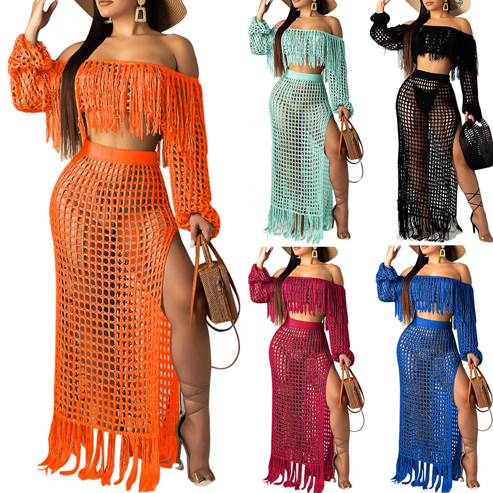 Летняя вязанная пляжная одежда платье Для женщин из 2 предметов комплект: