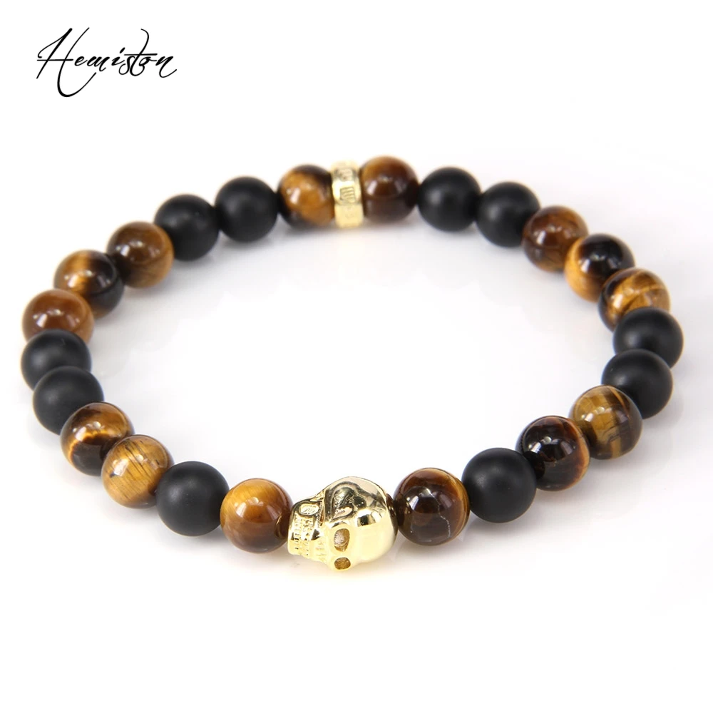 Томас с золотой отделкой и принтом череп матовый черный обсидиан тигровый глаз