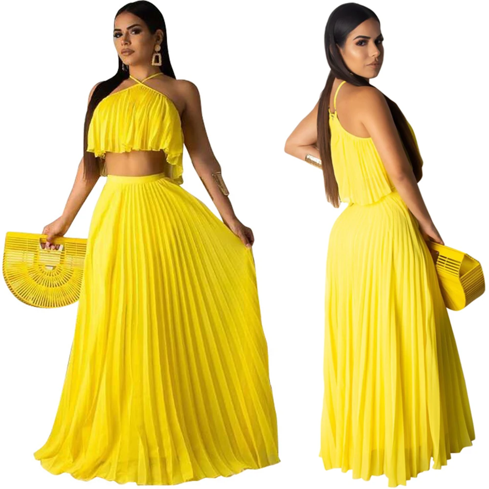 

High Quality Chiffon Women Two Pieces Skirt Sets Party Summer Pleats Halter Neck Sleeveless Short Top Floor Length Casua s 2019