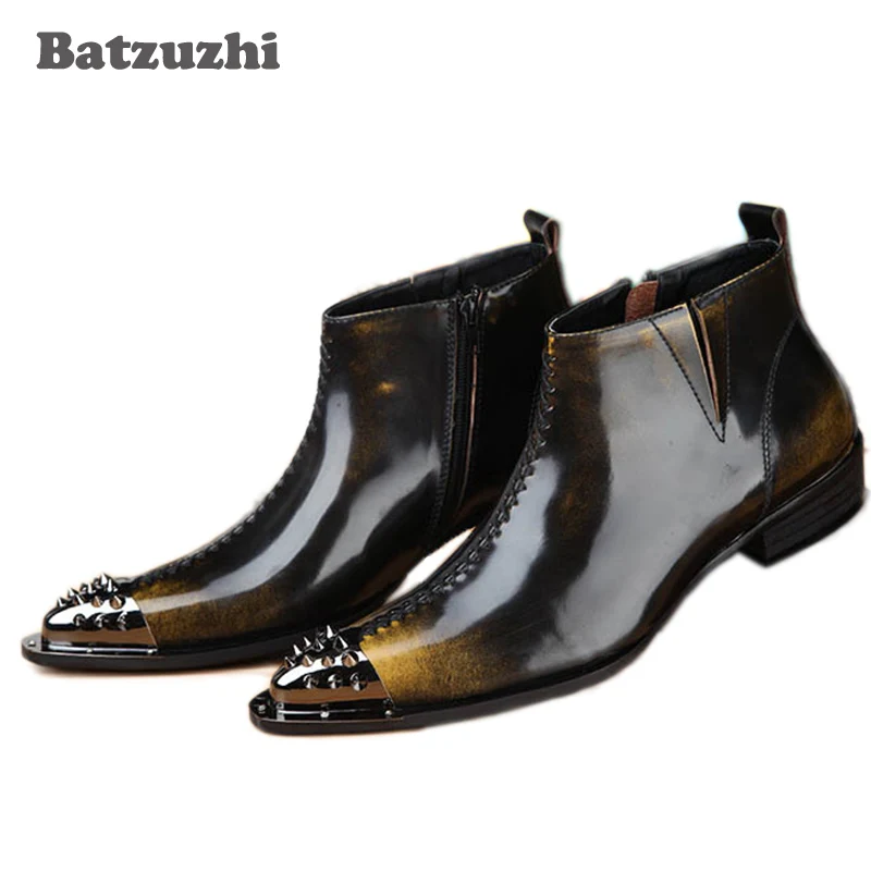 British Style Fashion Point Toe Man Boots High Tide Help Steel-toed Leather Short Rock Personality Big Size 38-46 |