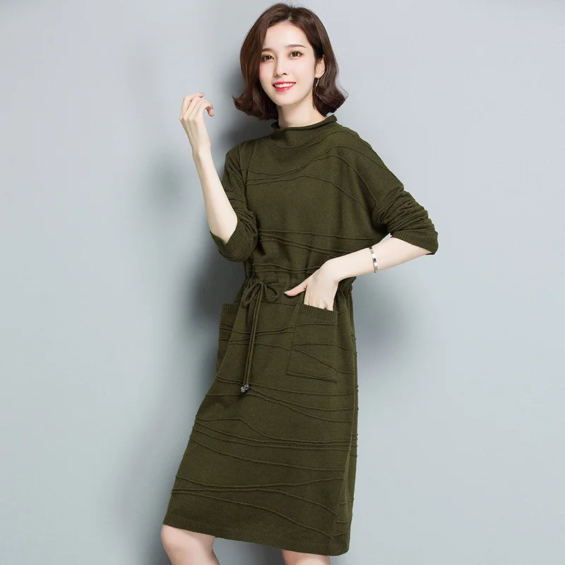 Женское трикотажное платье свитер с длинным рукавом и поясом|sweater dress|dress qualityknitted