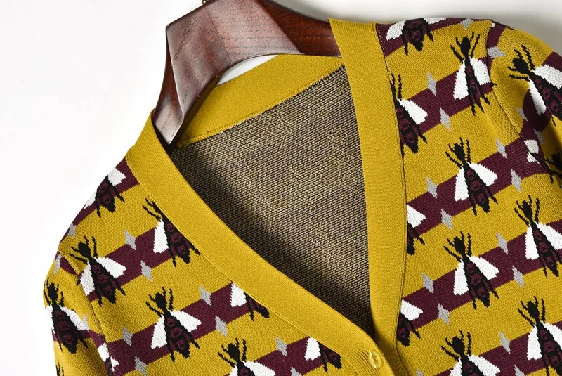 2018 Новый взлетно-посадочной полосы зимний Кардиган Винтаж желтый в полоску пчела