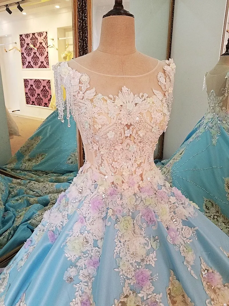 Gorgeous Appliques Chapel Train Arabic Blue Satin Wedding Dress Vestido Beaded Crystal Scoop Neck 2017 Bridal Gown Real Photos | Свадьбы и