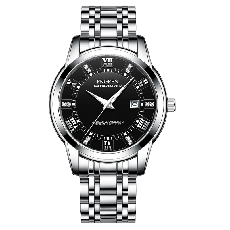 steel silver black Мужские модные бизнес часы Топ бренд класса люкс кристалл полностью стальные часы водонепроницаемые повседневные Дата кварцевые наручные часы Relogio Masculino - Цвет: steel silver black
