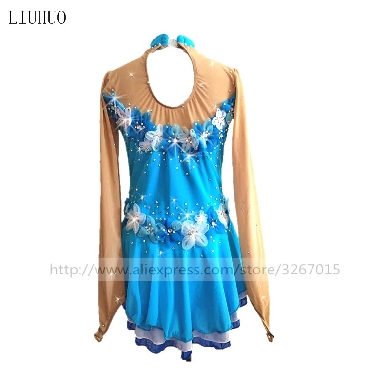 LIUHUO Figure Skating Dress Women's Girls' Ice Performance Gymnastics Competition Leotard Costume Dance Blue Handmade Flowers |