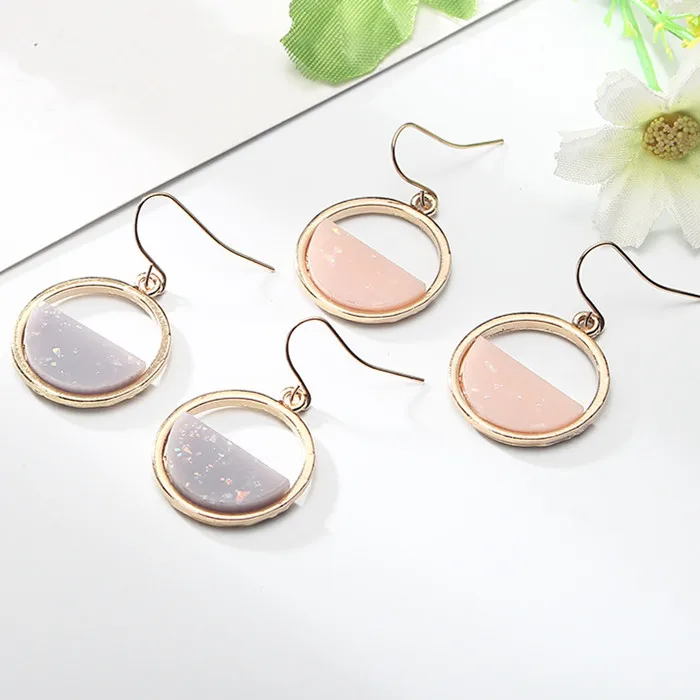 Simple hollow half round stone drop earring gold color dazzling acrylic foil dangle women girls jewelry accessories | Украшения и
