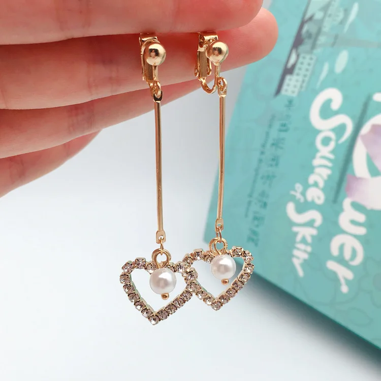 Korea long clip-on earrings imitation pearl heart clip on earing women clips no hole | Украшения и аксессуары