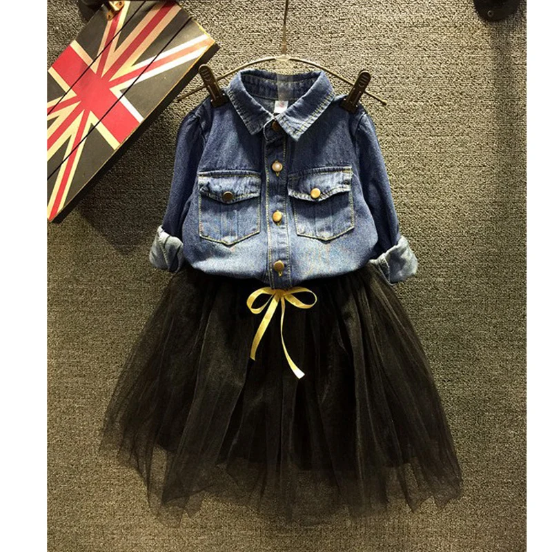 Модная Джинсовая блузка для девочек Повседневная рубашка + юбка-пачка