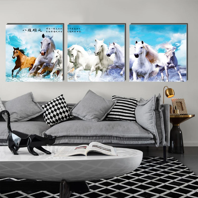 Horse animal Chinese style square canvas painting classical art prints 3 psc country wall pictures for bedroom lobby shop study | Дом и сад