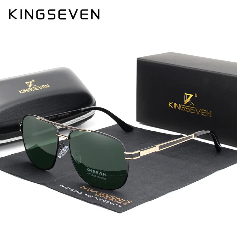 Gold Green KINGSEVEN, фирменный дизайн, квадратные мужские поляризованные солнцезащитные очки, нержавеющая сталь, дизайнерские очки, солнцезащитные очки, зеркальное покрытие, Oculos - Цвет линз: Gold Green