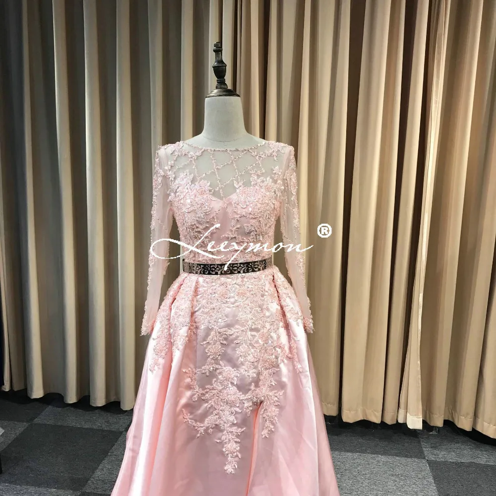 Leeymon Long Sleeves Open Back Pink Satin Prom Dress Court Train Fashion 2020 New Prom Gown for Party LY7251
