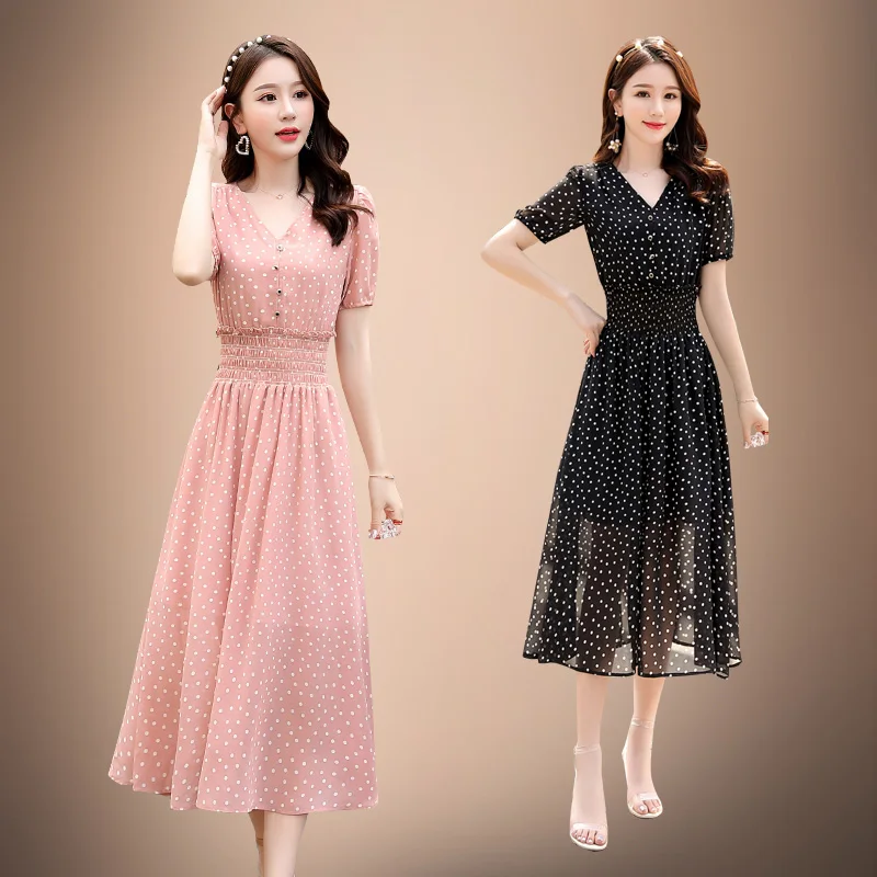 Женское платье Лето 2019 г. Модные повседневное горошек печати шифон элегантный