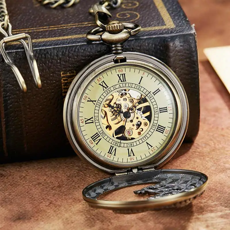 Vintage Bronze Dragon  Hollow Exquisite Sculpture Mechanical Skeleton Retro Pocket Watches Men Chains Lucky Lover Wedding Gifts