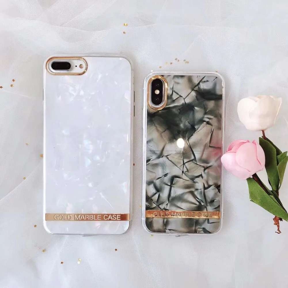 На 8 plus Роскошный блеск Мрамор со стразами и жемчугом Shell для iPhone X 6 6s 7 плюс мягкий