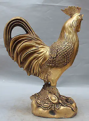 

lucky Chinese Bronze FengShui Wealth "Fu" Chicken Rooster Cock Animal Statue wedding copper Decoration real Brass