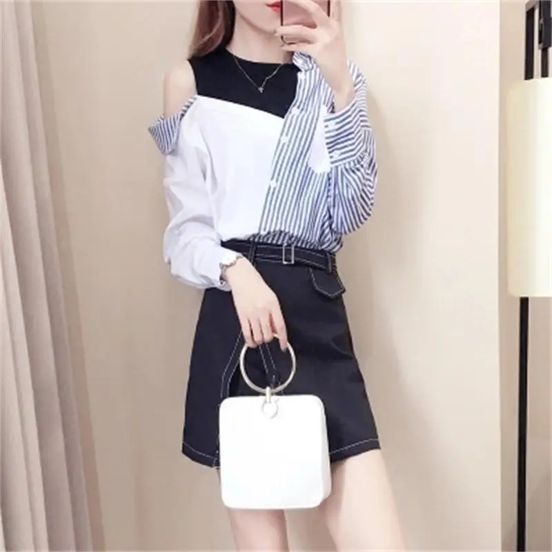 Women suit New personality striped shirt with small incense wind skirt female summer high-end two-piece Skirt Suits |