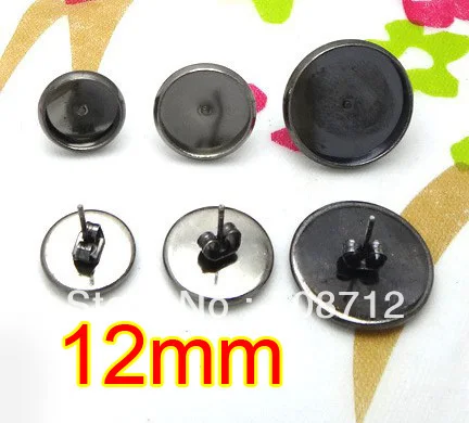 Free shipping!!! EP075 500sets 12mm Gun Black Stud Earring Blanks Base Tray Bezel Cameo Setting Post Bullet Stopper Back