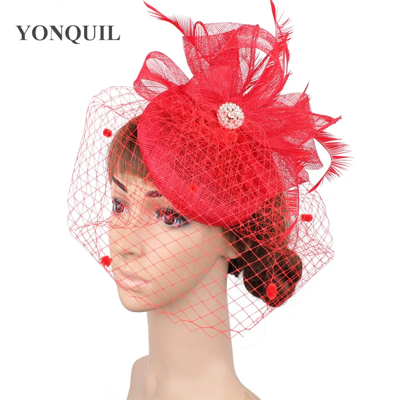 

Red Linen Hair Accessories Sinamay Wedding Fascinator Veils Party Hats Elegant Ladies Race Tea Headwear Derby Fedora Hats SYF467