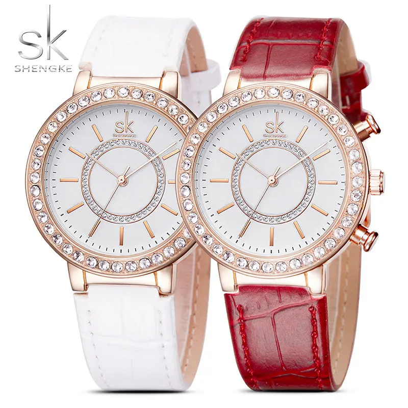 

Shengke Watch Women's Fashion 40 Crystals Wristwatch Leather Strap 2018 Top Luxury Brand Watches Women Quartz Relogio Feminino