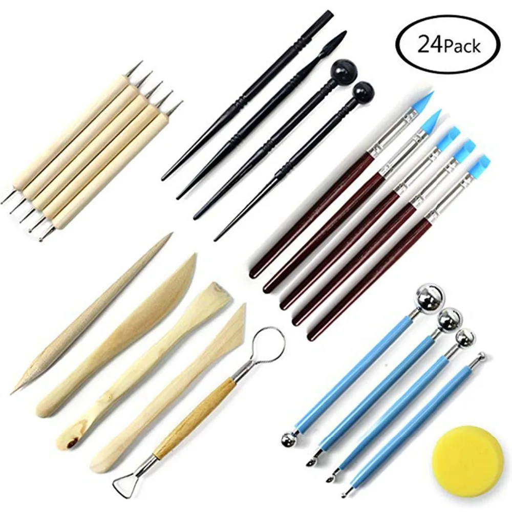 

24pcs/set Pottery Tool Set Ceramics Molding Clay Sculpting Wax Carving Shaper Rock Painting Smooth Polymer Dotting Modeling Clay