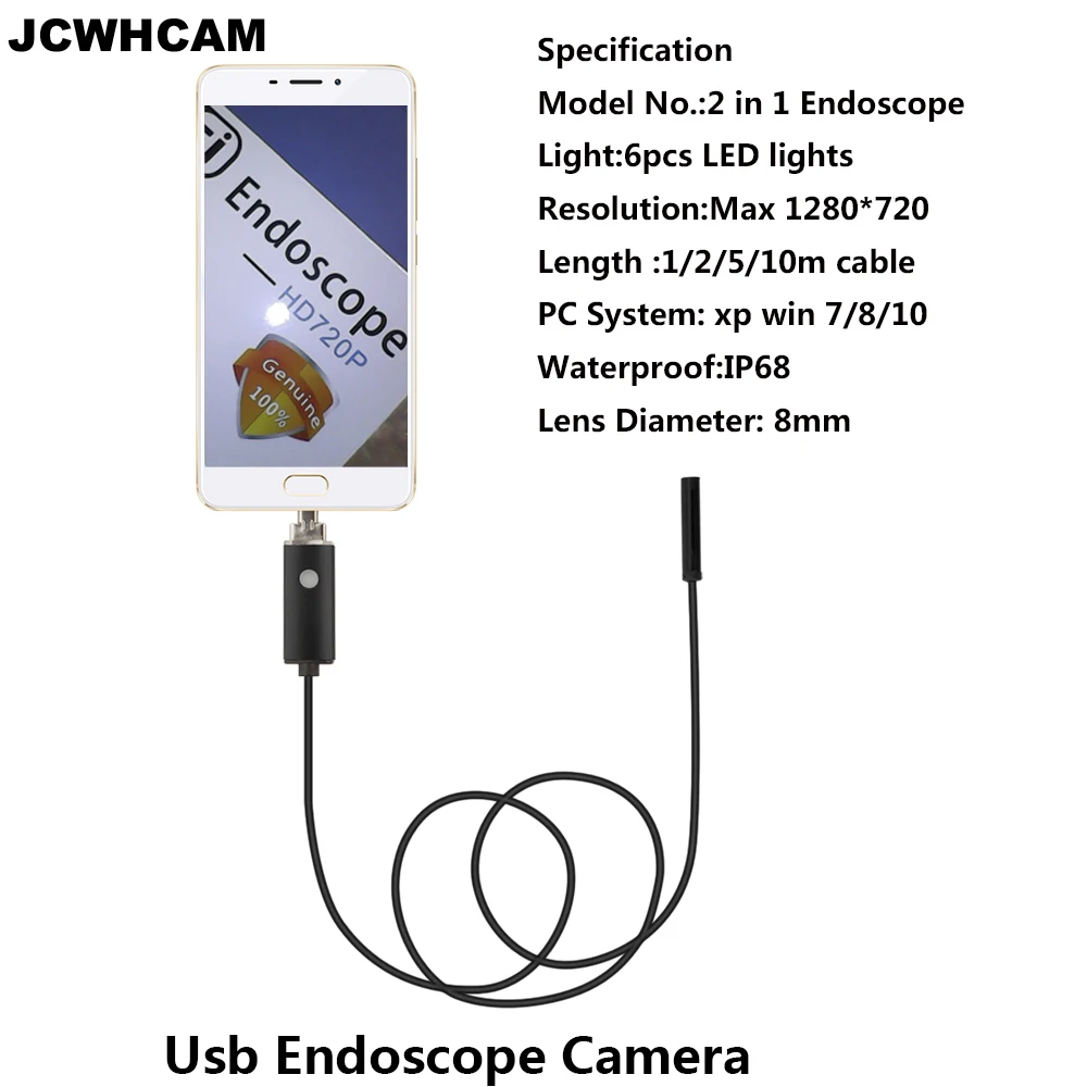 USB эндоскоп JCWHCAM 2 МП 5 м 1 Android HD камера 8 мм IP67 Водонепроницаемая 720P Мобильный
