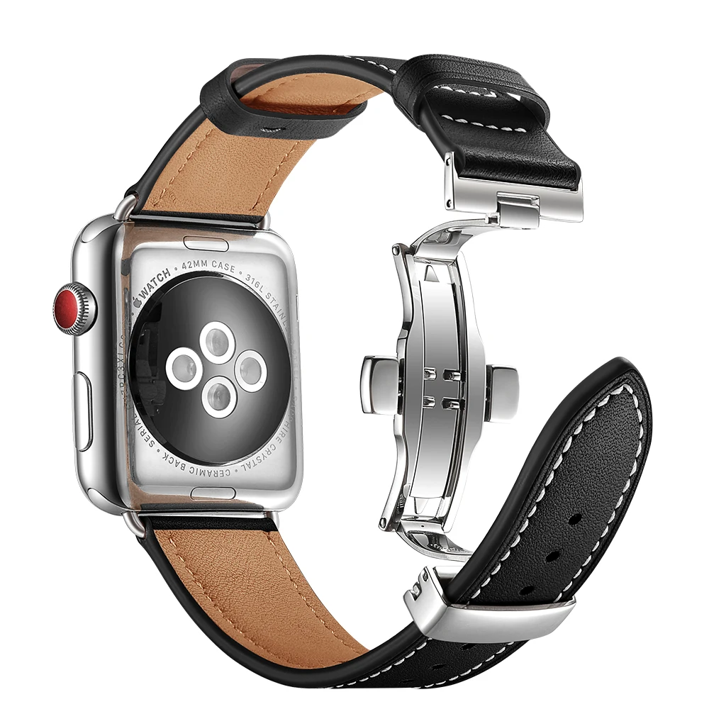 Кожаный ремешок для Apple watch 5 44 мм 40 iwatch 38 42 Бабочка застежка Браслет apple 4 3 2