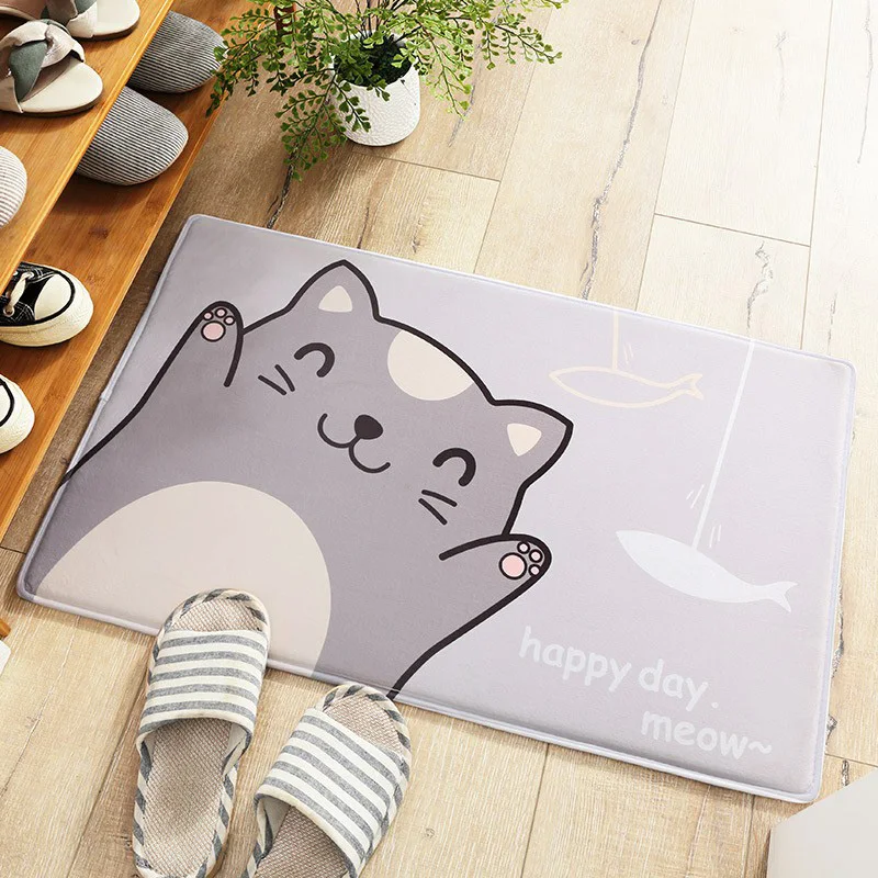 Мягкий уплотненный коврик из пены с памятью серый для ванной мультяшным котом