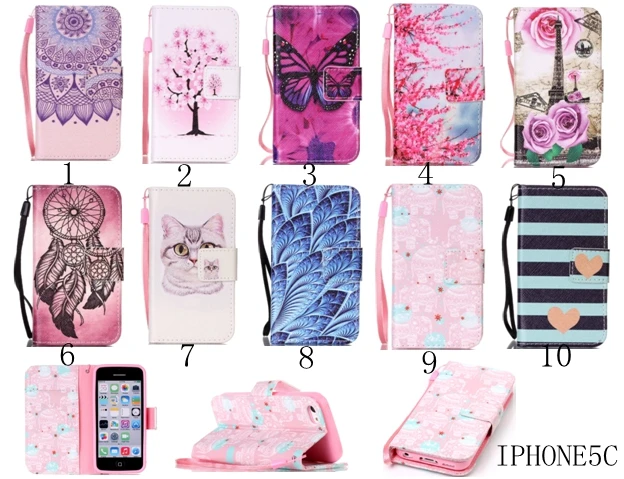 Бумажник чехол для iPhone 5C BLOSSOM Бабочка цветок башня откидная крышка карты Стенд