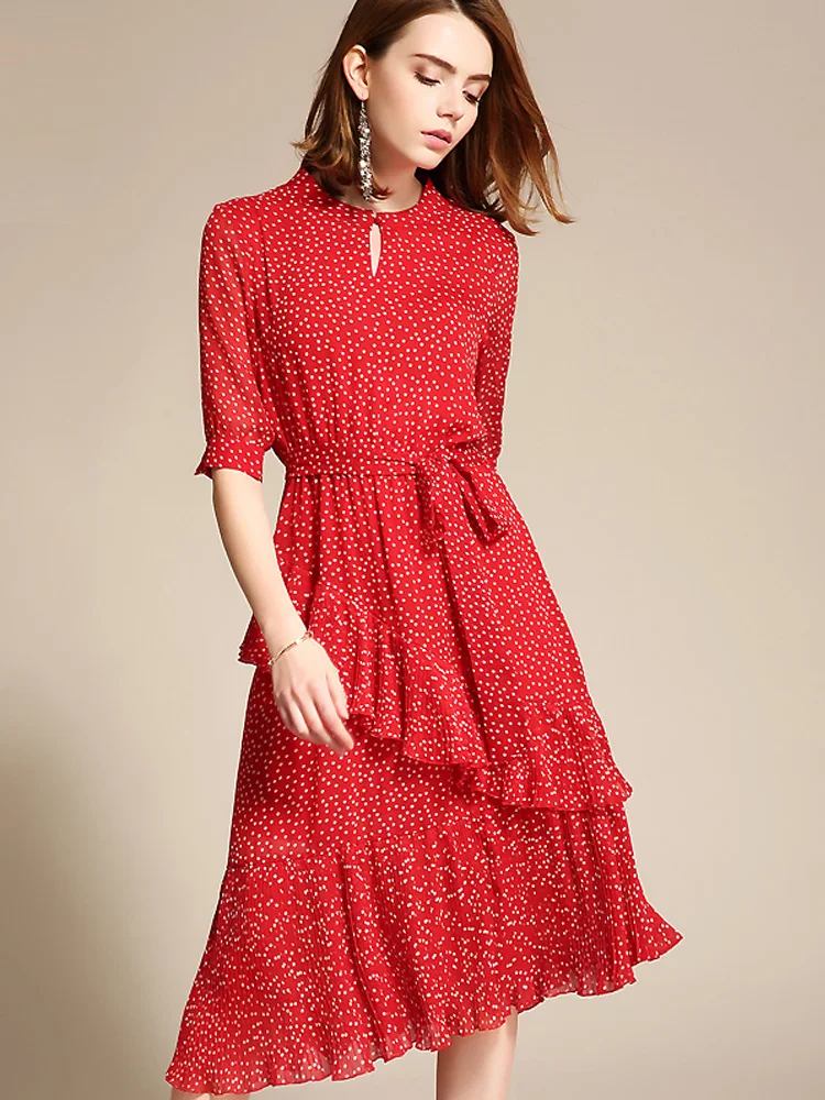 

Maxi Dress Real A-line Half Sashes Mid-calf Regular Empire Vestido Longo 2019 New Summer Dress Polka Dot Chiffon Maxi Woman