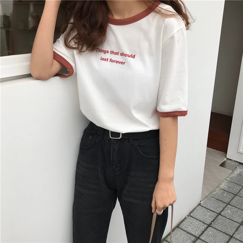 Летняя Корейская футболка с буквенным принтом Ulzzang, Женская Повседневная футболка с коротким рукавом, Женская свободная хлопковая Футболка с круглым вырезом, модные топы, футболка