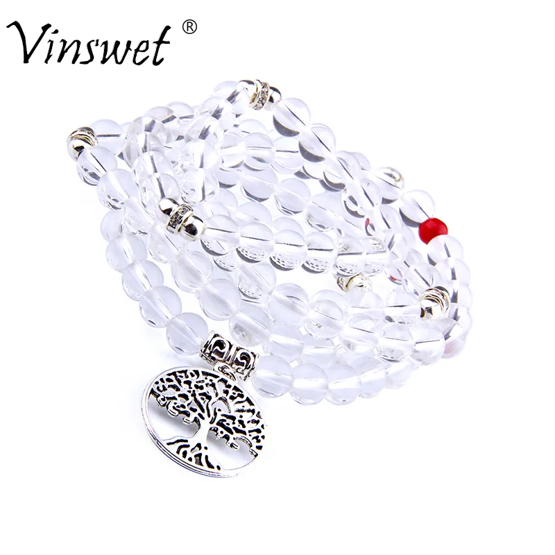 Женское Ожерелье из натурального камня 108 Mala Clear Crystal с очаровательным деревом