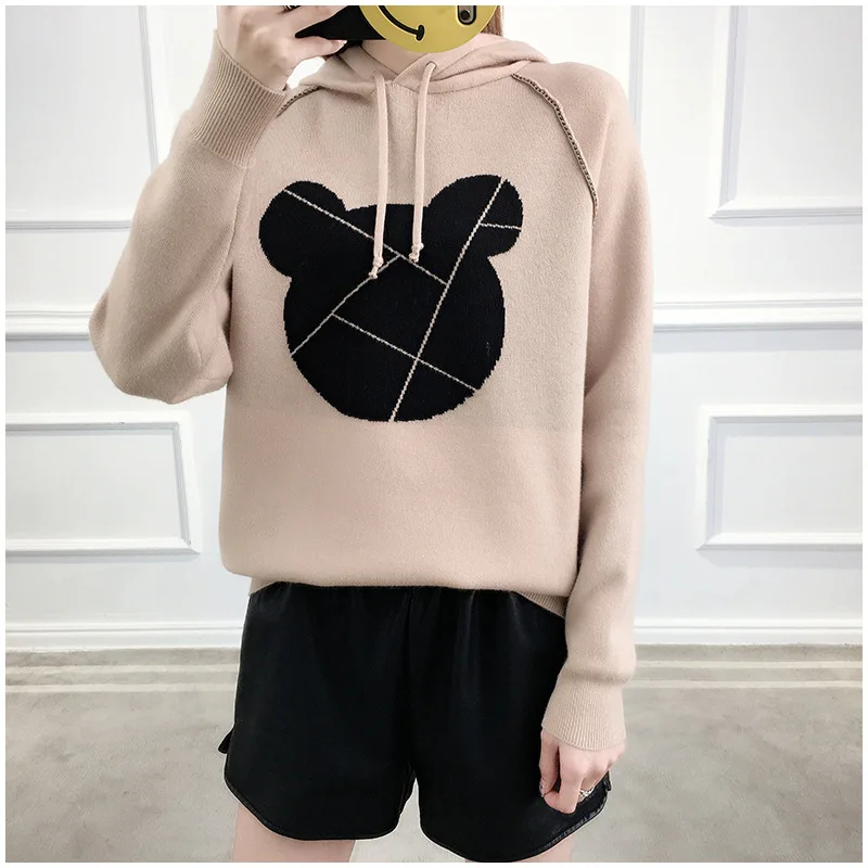 2018 autumn and winter sweater new women loose pullover cartoon hooded casual Lantern sleeve knit sweaters | Женская одежда