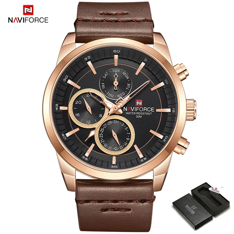 RoseGoldBlack-Box Мужские часы NAVIFORCE Модные Аналоговые кварцевые наручные часы с кожаным ремешком водонепроницаемые спортивные мужские часы Relogio Masculino - Цвет: RoseGoldBlack-Box