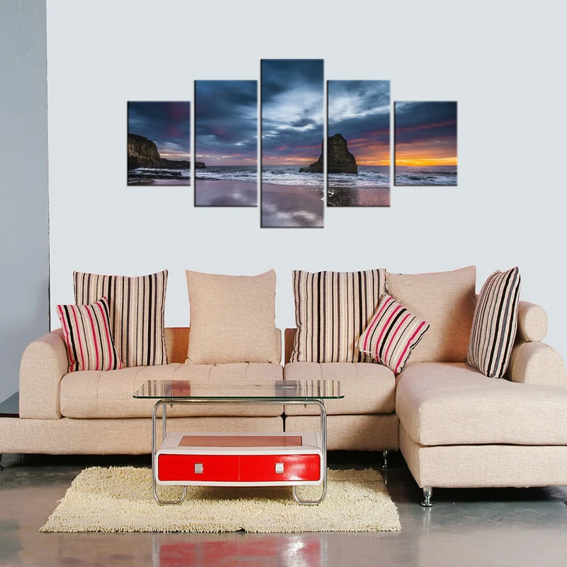 

5 Pieces Seascape picture canvas painting sea waves beach rock sunset landscape wall art room home decor Canvas Prints Framed