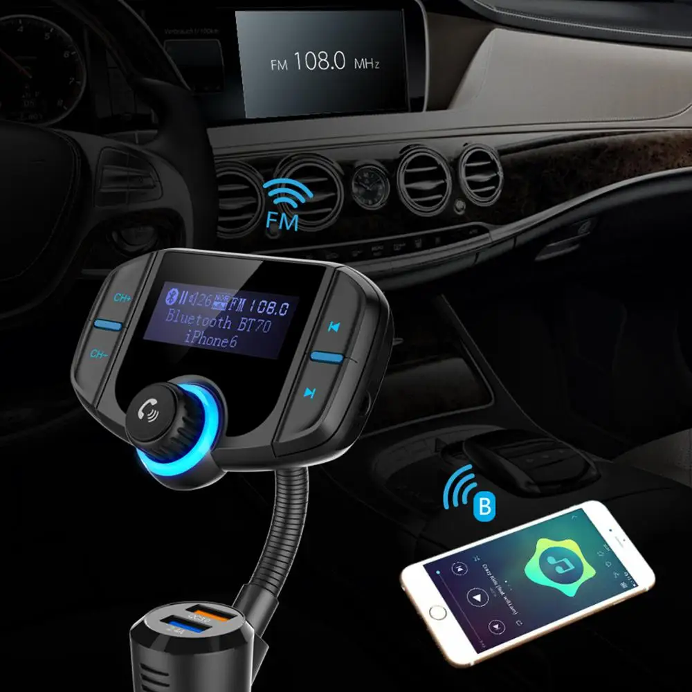 Автомобильный fm передатчик BT70 с Bluetooth беспроводной адаптер QC3.0 двумя USB портами и