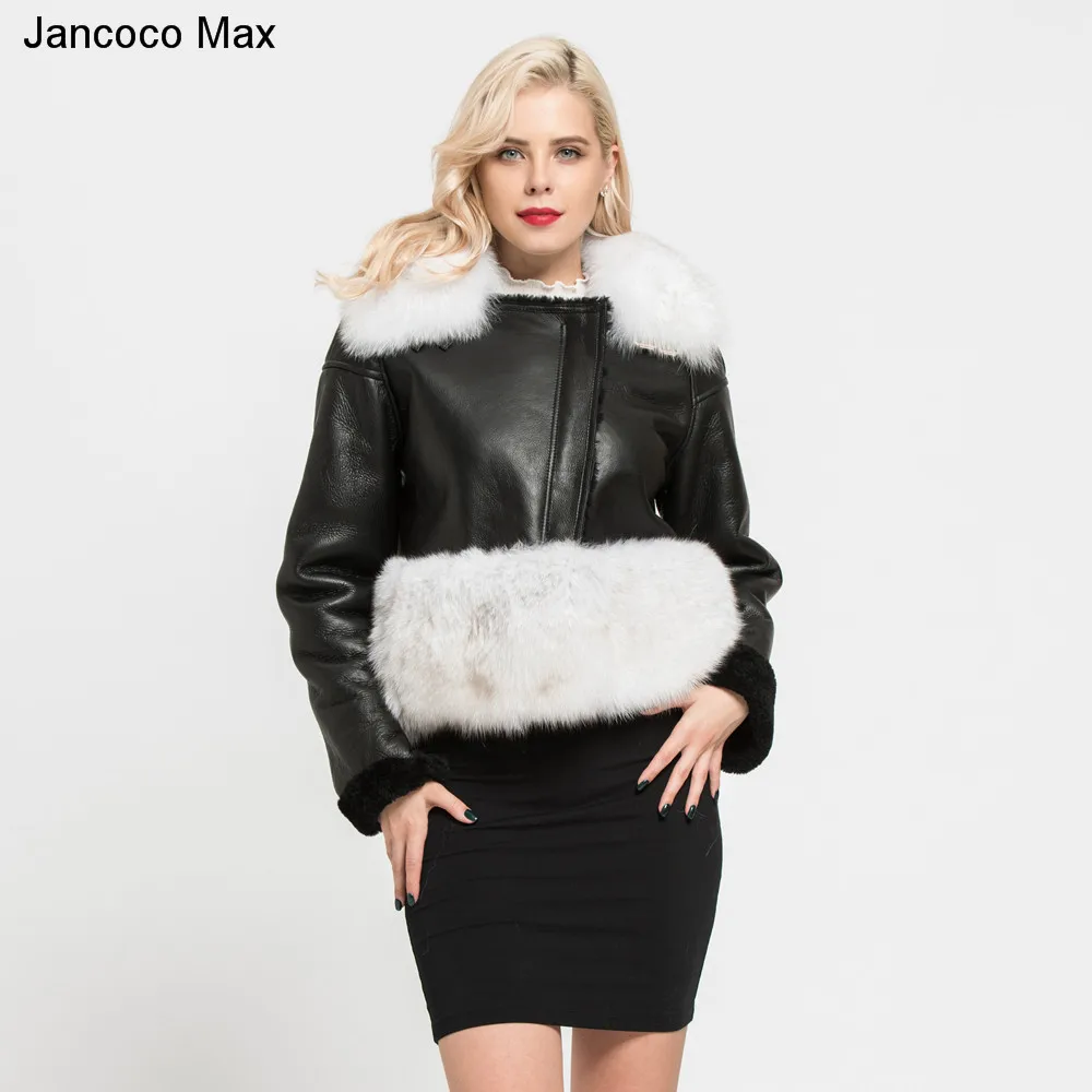 Jancoco Max Новое поступление Женская куртка из натуральной овечьей кожи пальто с воротником из лисьего меха Подкладка из натурального меха модное пальто S7165