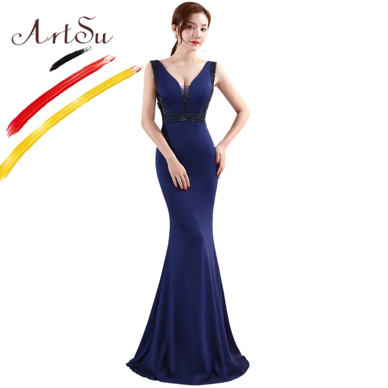 ArtSu модный 3D Хрустальный халат, украшенный бисером De Soiree синие длинные вечерние платья Русалка женское сексуальное платье с v-образным вырезом длиной до пола для выпускного вечера Vestidos