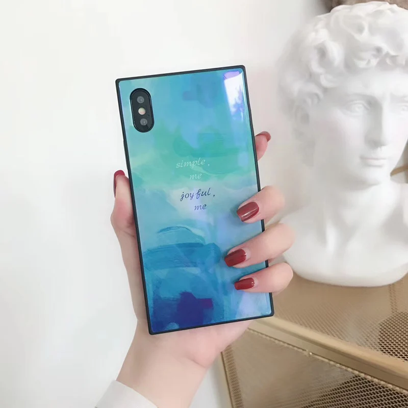 Для iphone 7 8 Blue Ray Стекло квадратный чехол для телефона X 6 плюс Роскошный Глянцевый