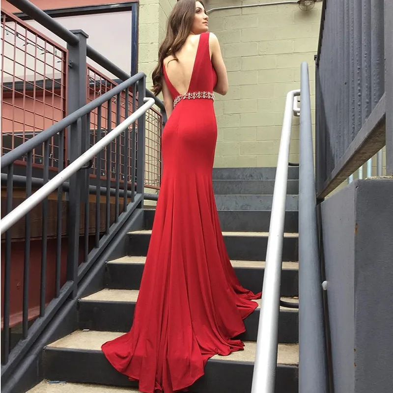 

Red Long Mermaid Prom Dress V Neck Formal Evening Party Dress Vestido de Festa Longo