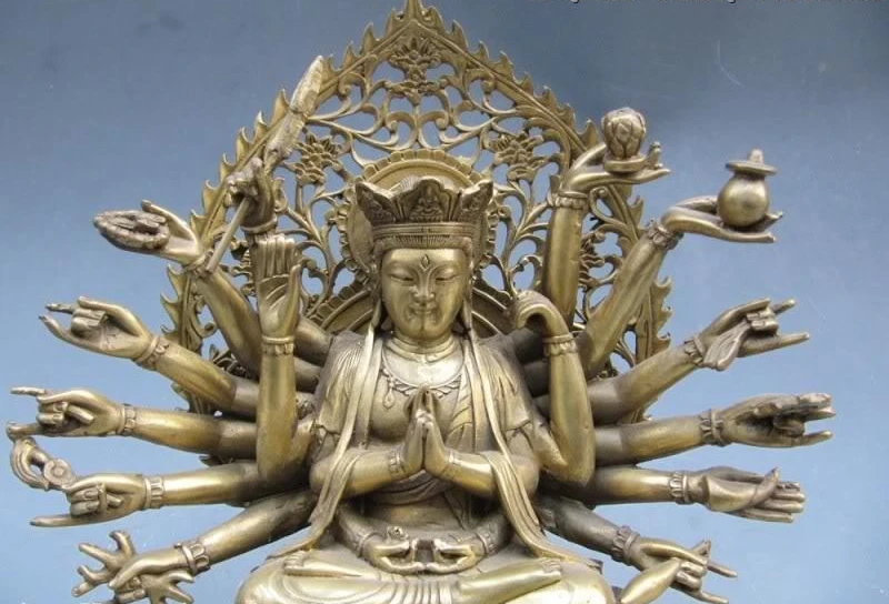 Тибетский ремесленник из чистой латуни 18 рук Avalokitesvara Kwan-Yin Будда | Дом и сад