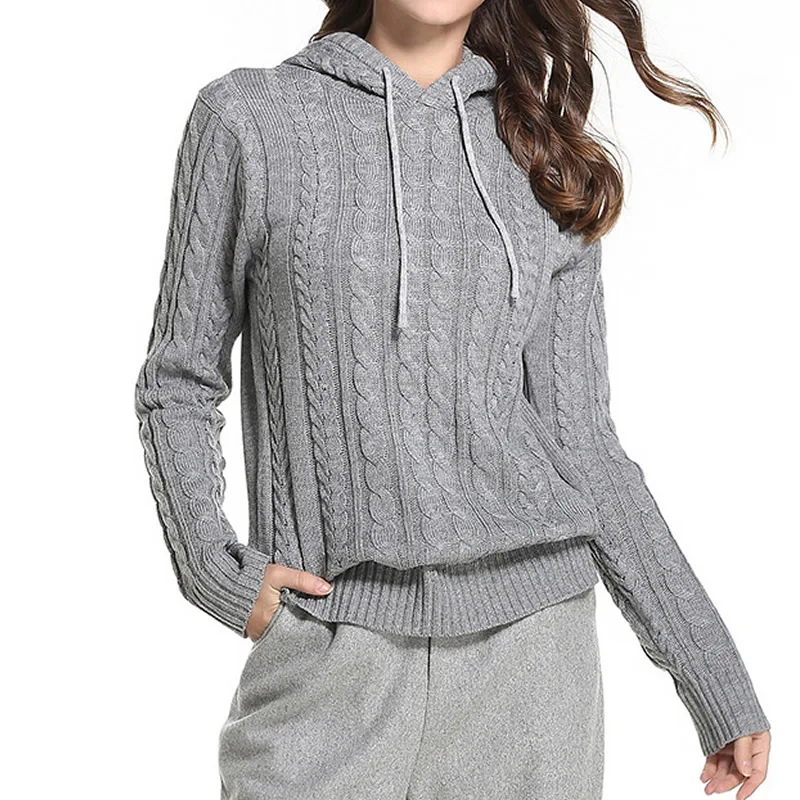 2018 Winter Autumn Woman Red Knitted Hooded Sweaters Pullovers Long Sleeve Thermal Solid White Black Pull Femme Hiver | Женская одежда