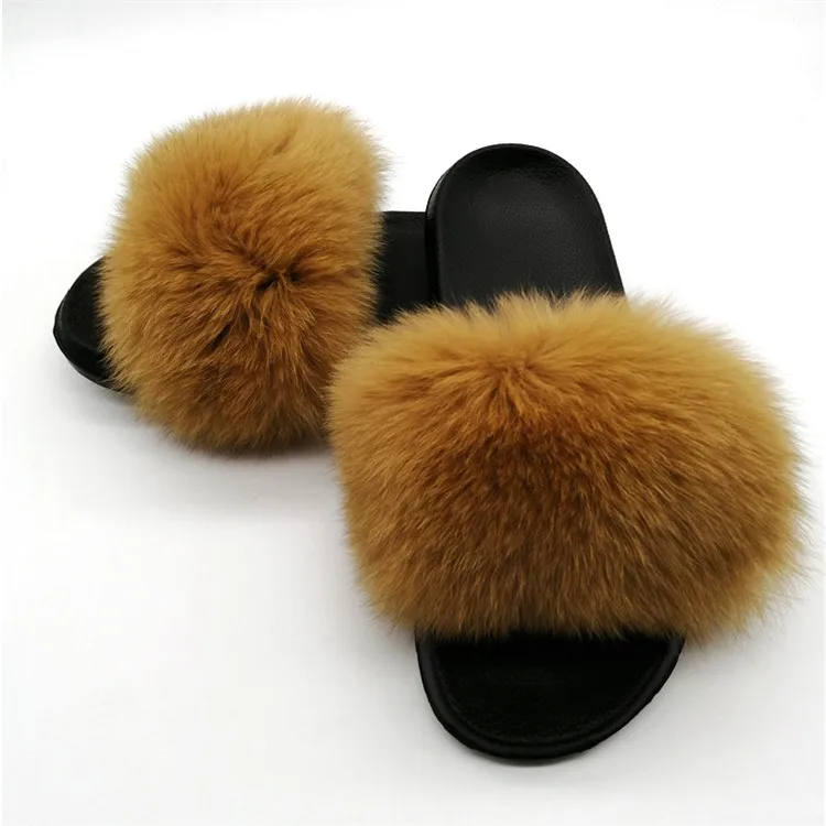 Women Fox Fur Slippers Real Fox Fur Slides Lovely Plush Slippers Woman Summer Home Sandals Women Fur Slides Furry Flip Flops Hot