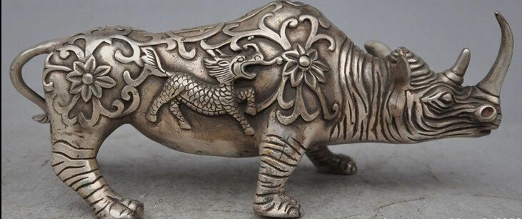

decoration bronze factory outlets Tibet Silver 9" old chinese fengshui silver Kirin beast Rhino The rhino Rhinoceroses statue