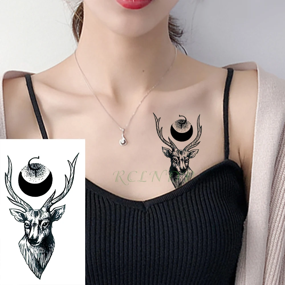 

Waterproof Temporary Tattoo Stickers Deer head Antler Moon Fake Tatto Flash Tatoo Tatouage Neck Hand Foot Arm for Girl Women Men