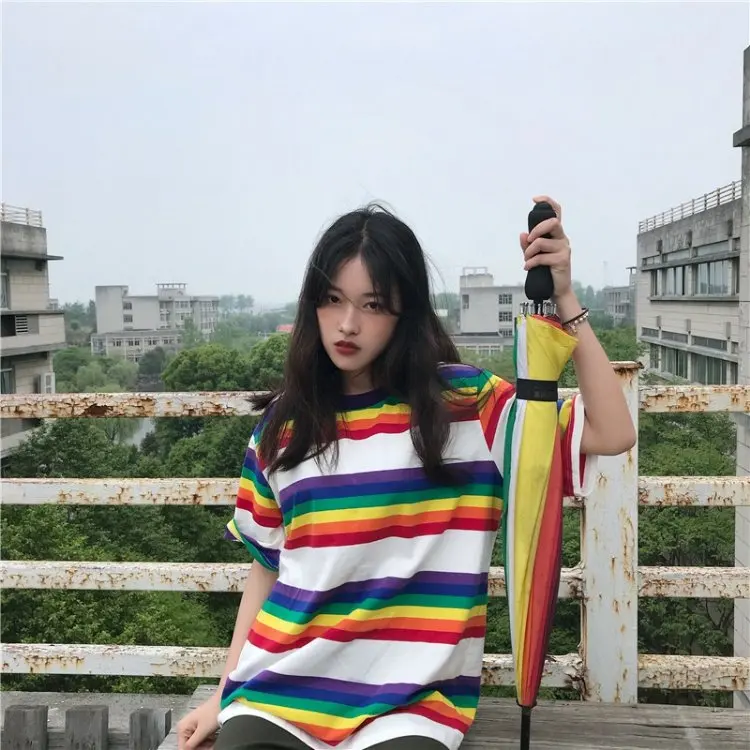 Женская футболка, летние топы, корейский Ulzzang Harajuku, радужная полосатая футболка для женщин, футболка с коротким рукавом, женская повседневная одежда