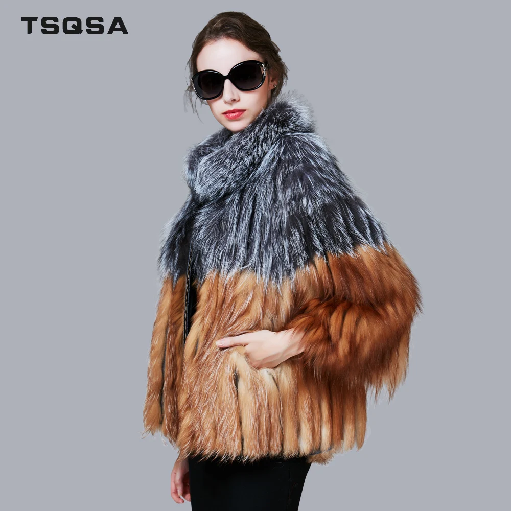 TSQSA Настоящее Silver Fox Шубы Женщин Качество Натурального Лоскутного Меха Тонкий