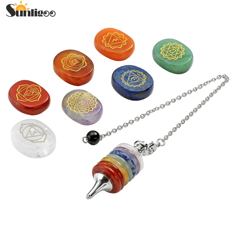 Sunligoo 7 Чакр Исцеляющие кристаллы Dowsing заостренный маятник символом чакры