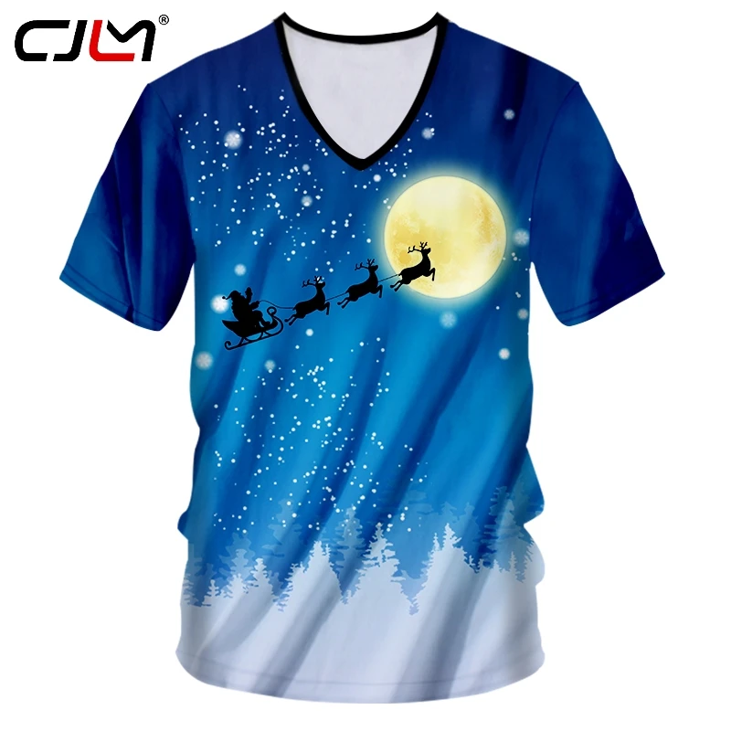 

CJLM Christmas Theme 3D Printed Moon Background V Neck Tshirt Santa Claus And Elk Fashion Leisure Men's T Shirt 6XL