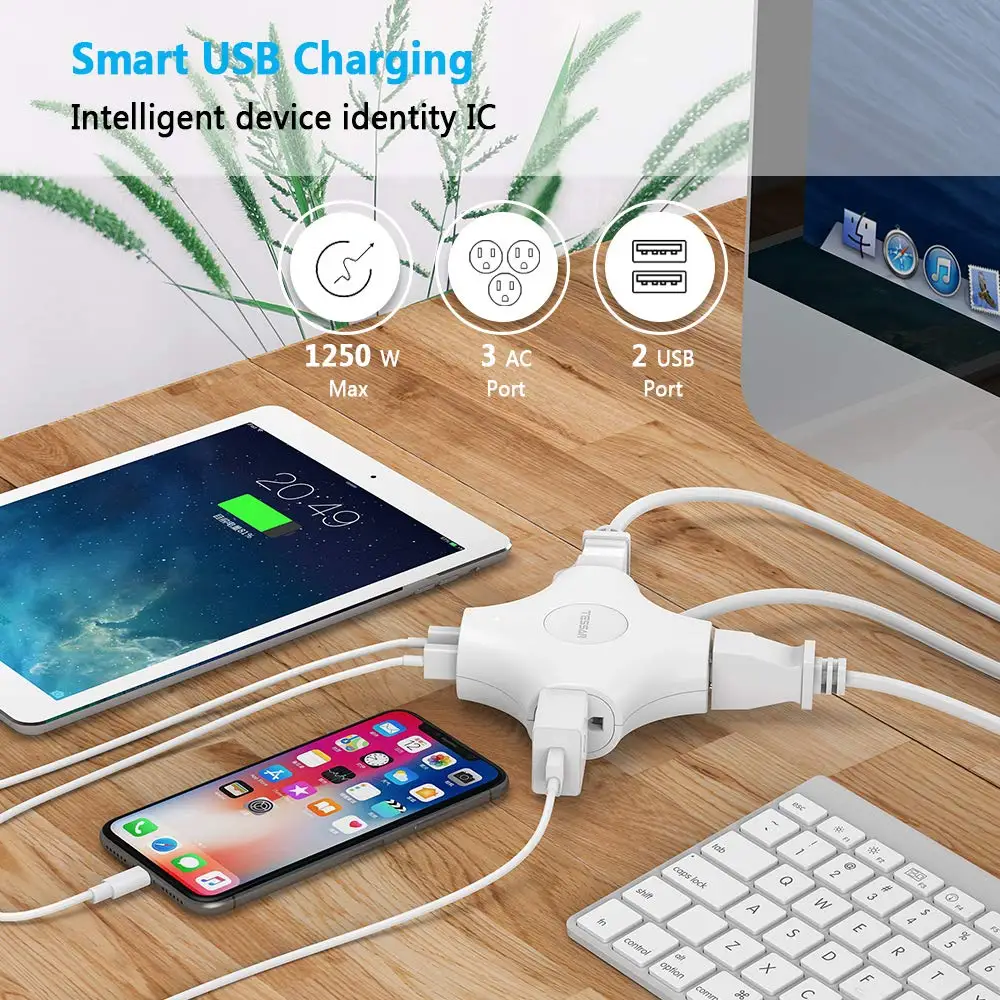 USB сетевой фильтр TESSAN с 3 розетками и 2 портами мини розетка для путешествий 5